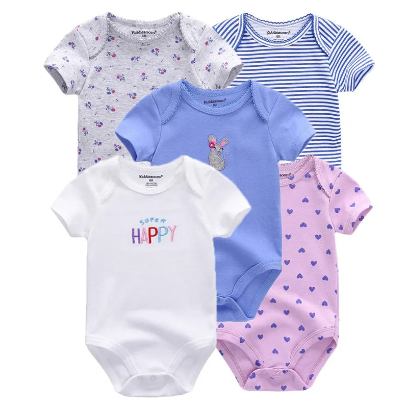 Kiddiezoom Summer 5 Piece Fashion Cartoon Boys and Girls Bodysuits 100% Cotton Soft Newborn Bodysuit Set