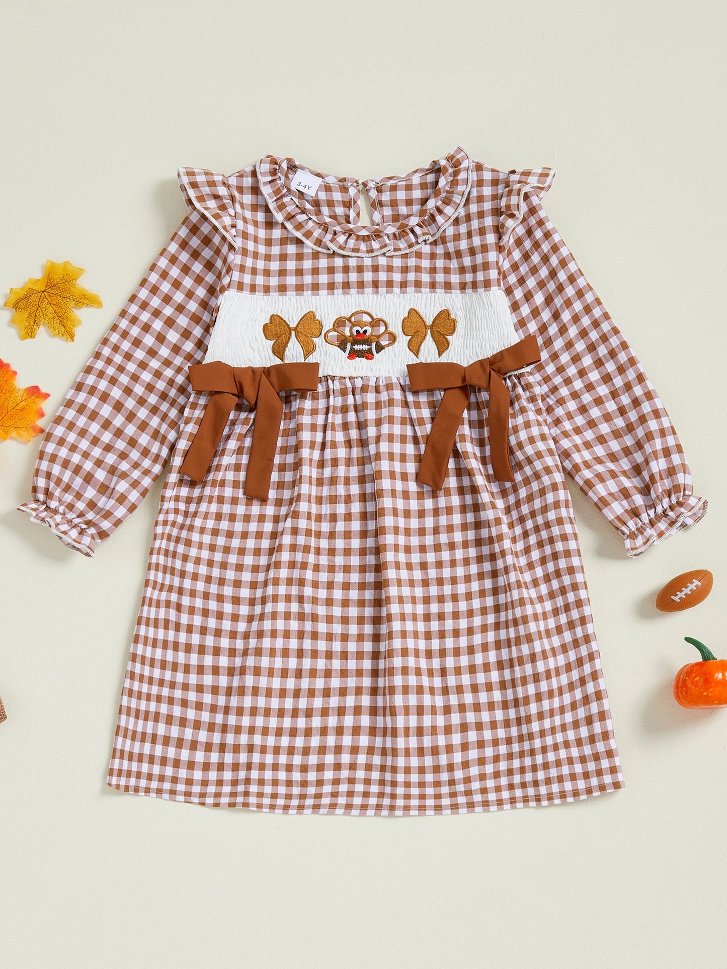Girls Long Sleeve Crew Neck Plaid Embroidery Turkey Fall Dress Thanksgiving Outfit for Kids Autumn Clothing
