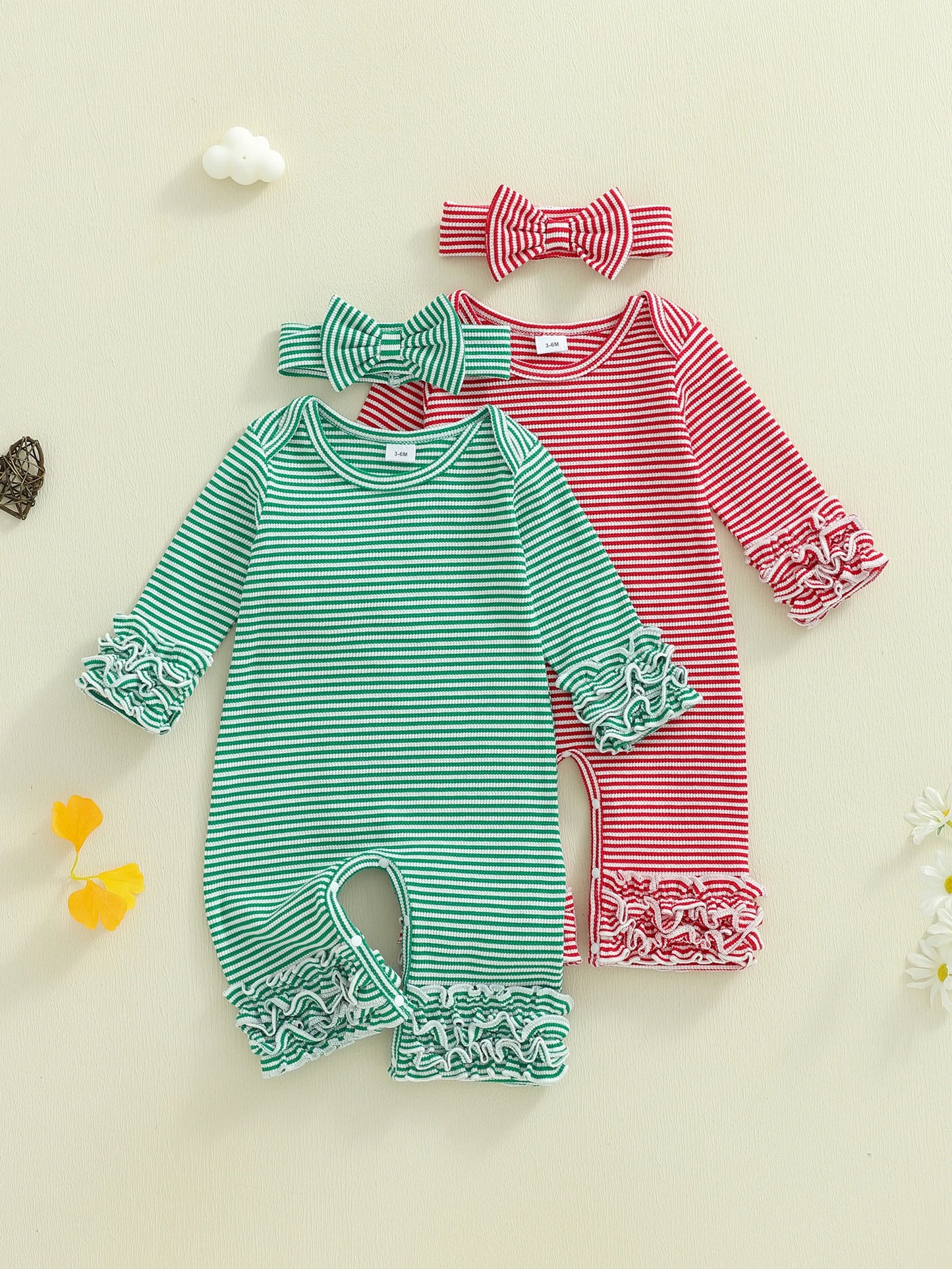 Adorable Baby Girls 2 Piece Set Stylish Long Sleeve Striped Romper with Matching Bow Headband for a Complete Look