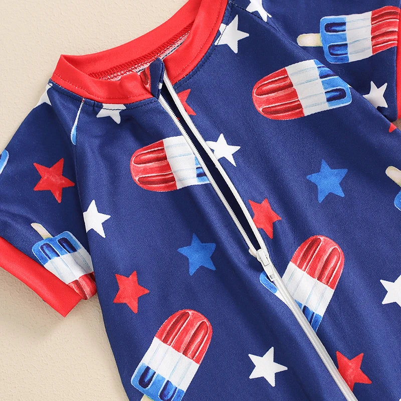 Independence Day Infant Boys Romper American Flag Print Short Sleeve Bodysuit Front Zipper Patriotic Jumpsuit Summer Outfit