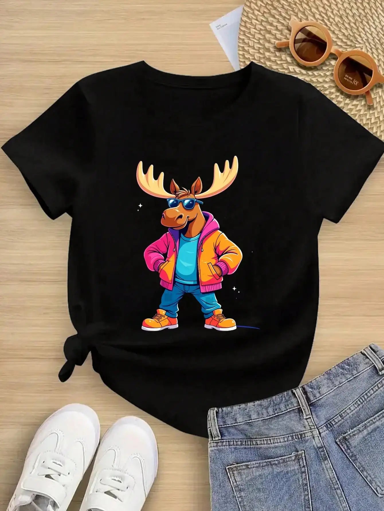 Boys/Girls Summer Urban Moose Cotton Graphic Tees, Black Casual Summer Tops With Cool Moose In Sunglasses