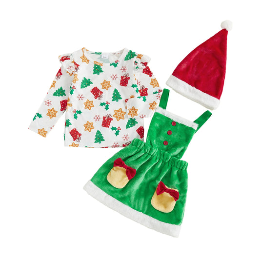 Girls Christmas Outfit Festive Long Sleeve Reindeer Print Top with Cozy Faux Fur Trimmed Skirt Set for Winter Holiday