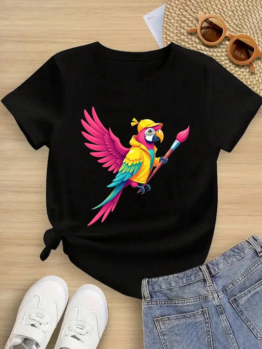 Boys/Girls Summer Colorful Parrot Cotton Graphic Tees, Black Casual Summer Tops With Vibrant Parrot Designs