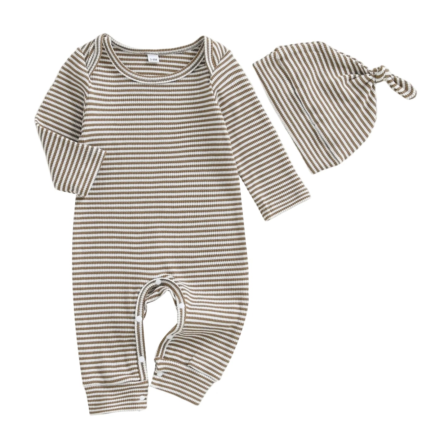 Infant Boy Autumn Striped  with Matching Beanie Set Long Sleeve Round Neck Overall Outfit for Fall