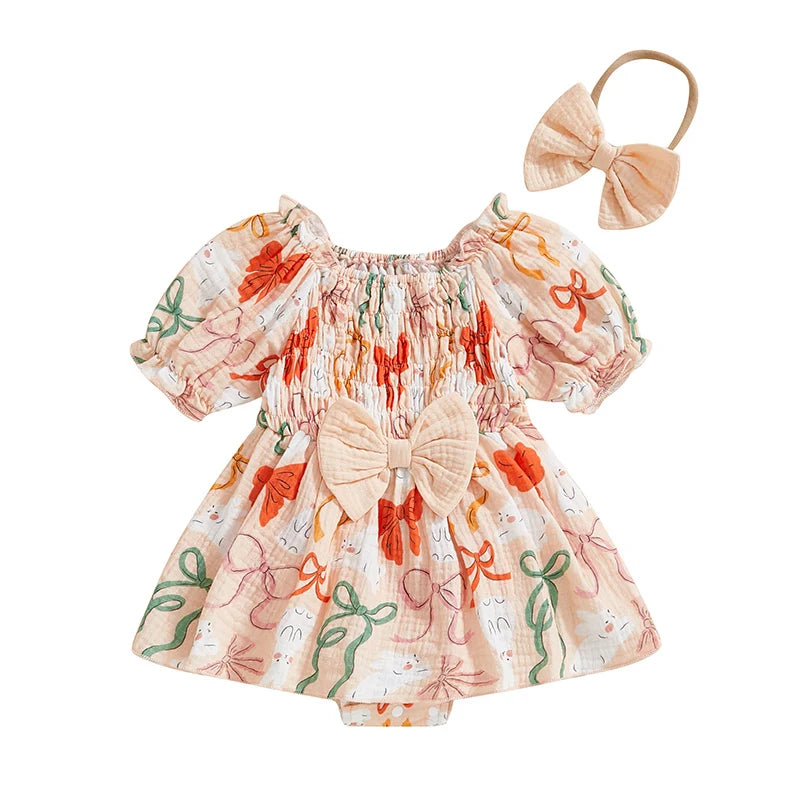 Adorable Toddler Easter Bunny Print Romper Dress Set with Matching Headband and Bow - Short Puff Sleeve Baby Girl Outfit