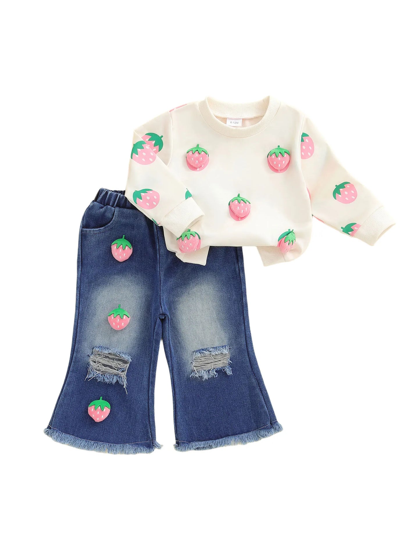 Cute Baby Girl Autumn Clothes 3D Watermelon Print Sweater Distressed Jeans Outfit Set for Toddler Girls