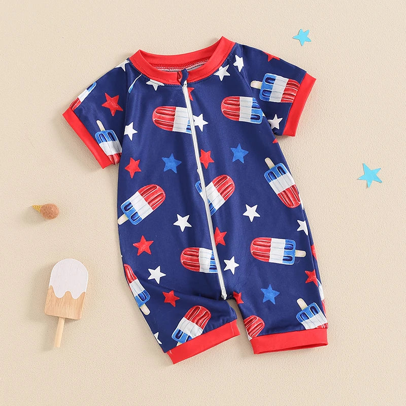 Independence Day Infant Boys Romper American Flag Print Short Sleeve Bodysuit Front Zipper Patriotic Jumpsuit Summer Outfit