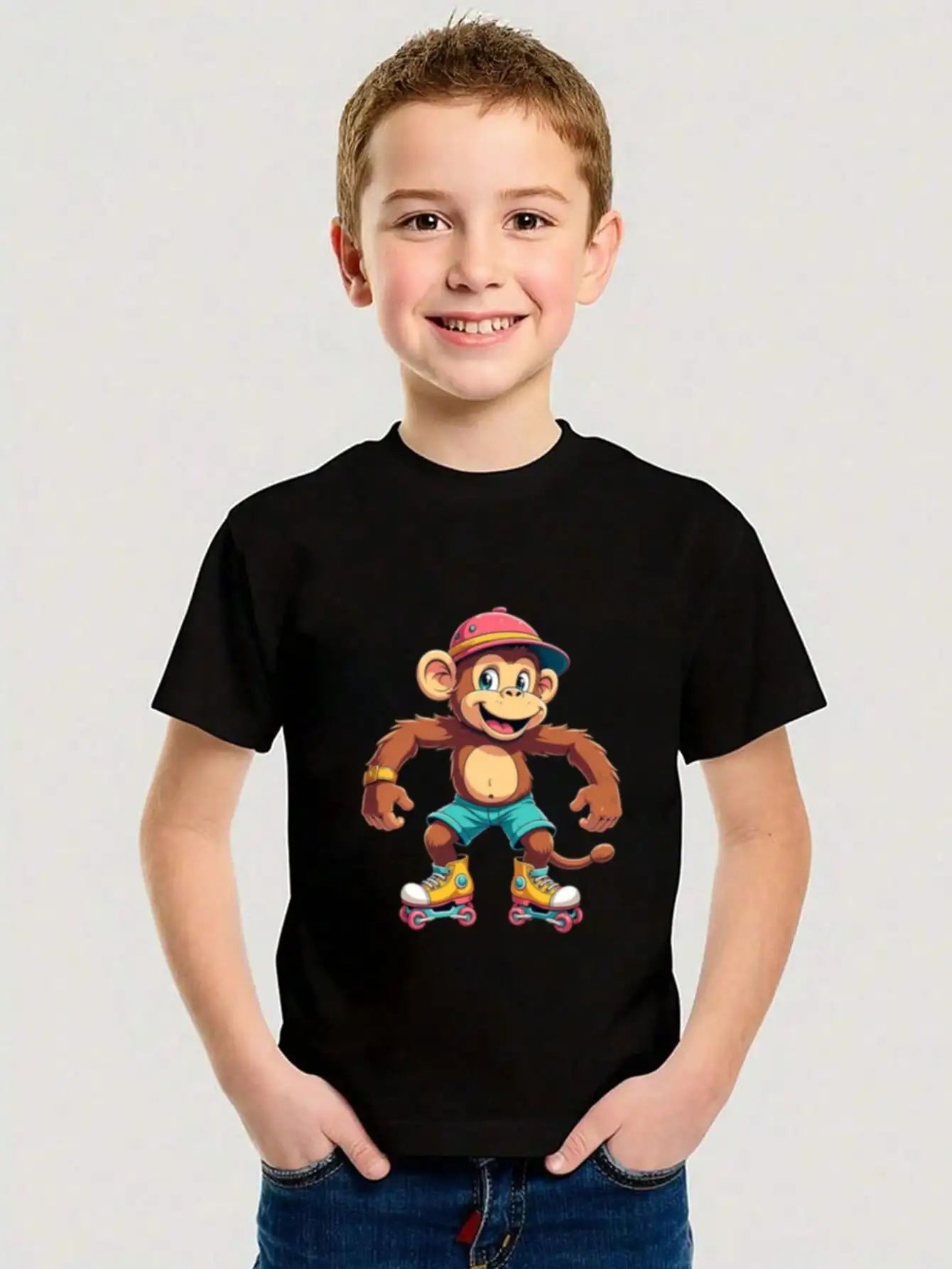 Boys/Girls Summer Cartoon Monkey Cotton Graphic Tees, Black Summer Tops With Roller Skating Monkey