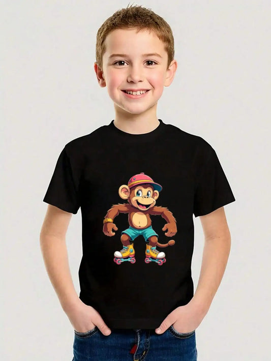 Boys/Girls Summer Cartoon Monkey Cotton Graphic Tees, Black Summer Tops With Roller Skating Monkey