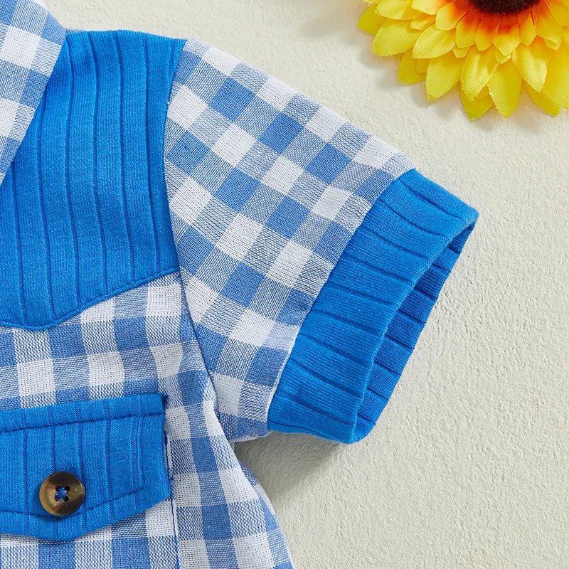 Adorable Infant Plaid Romper with Short Sleeves Lapel Collar and Button Front Closure - Perfect for Baby Boys and Girls this