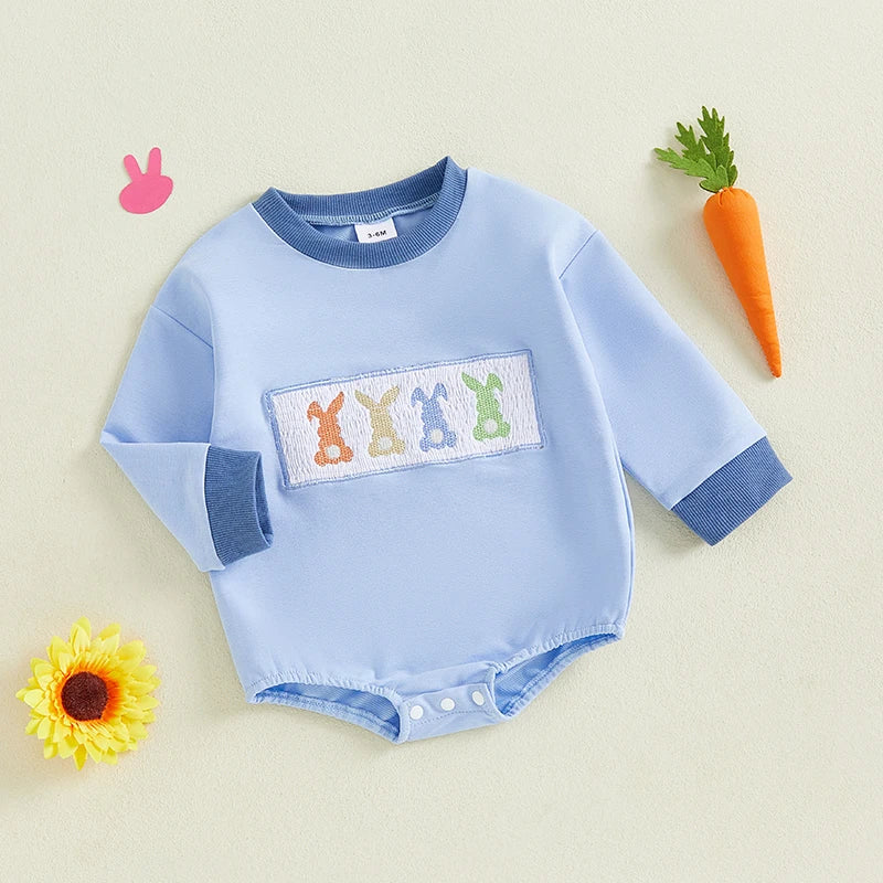 Adorable Unisex Easter Bunny Rompers with Long Sleeves and Embroidered Details - Perfect Spring Outfit for Baby Girls and Boys