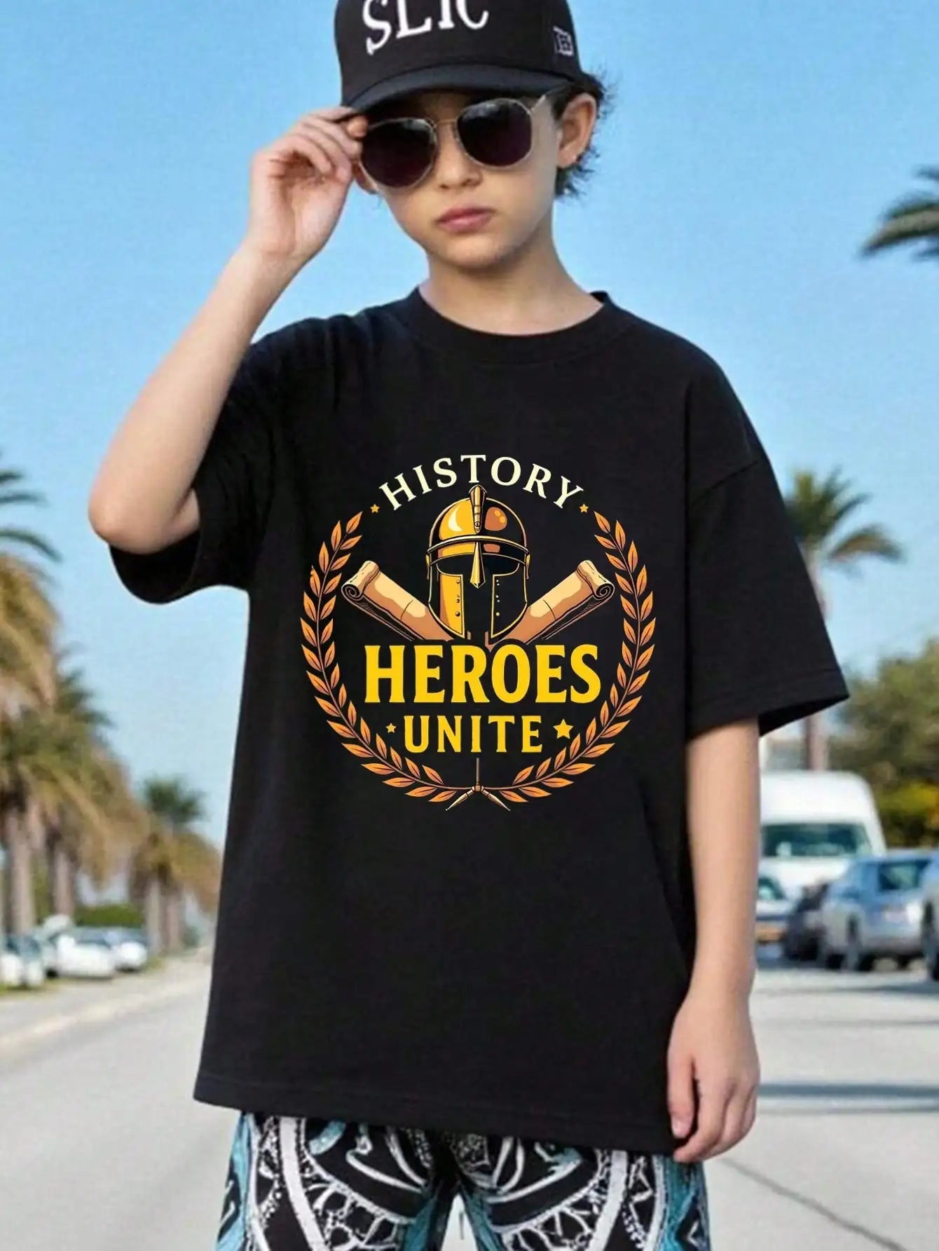 Boys/Girls History Heroes Unite Back To School Cotton Graphic Tees, Black Bold Style Summer Tops With Warrior Helmet Design