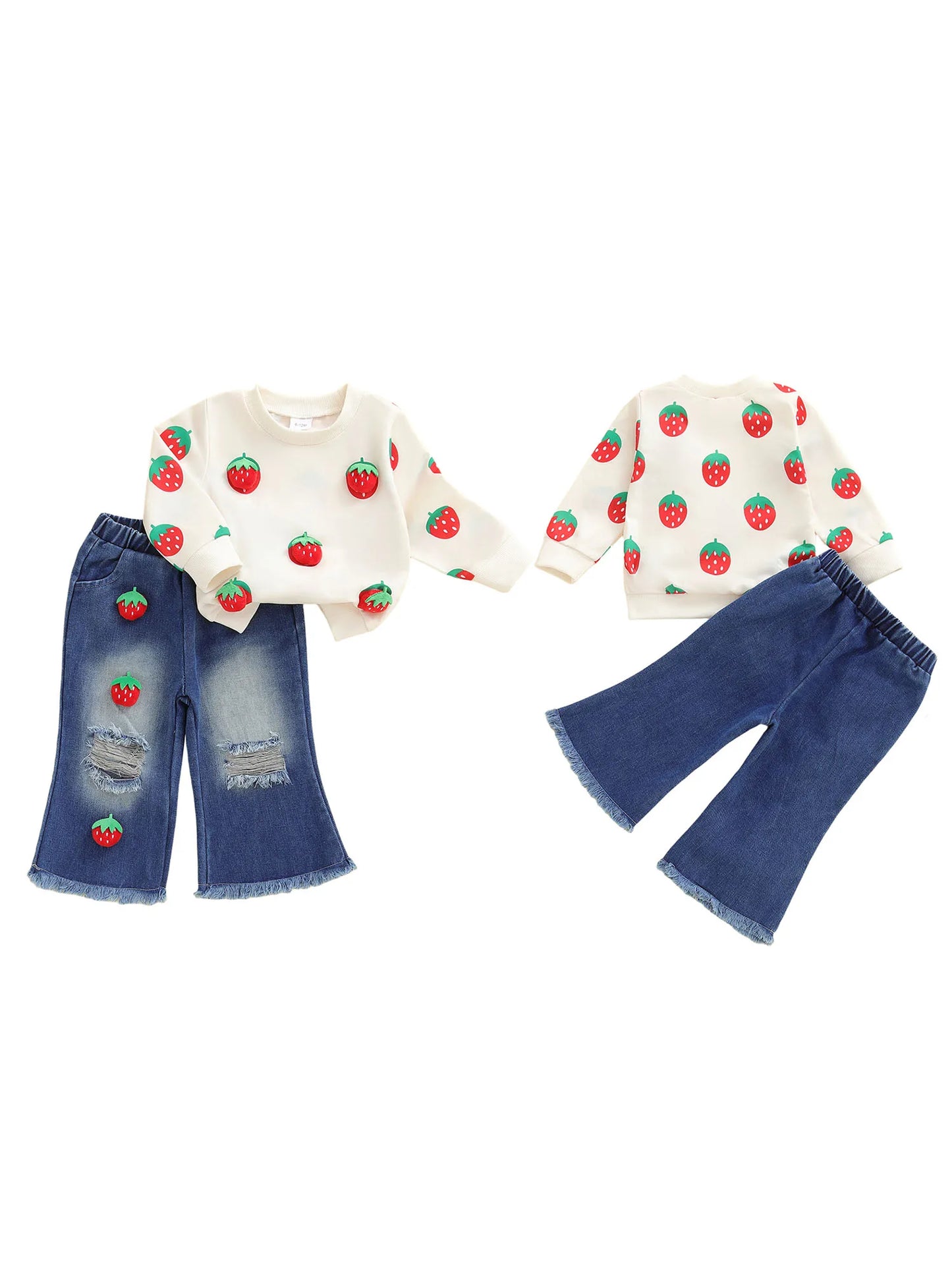 Cute Baby Girl Autumn Clothes 3D Watermelon Print Sweater Distressed Jeans Outfit Set for Toddler Girls