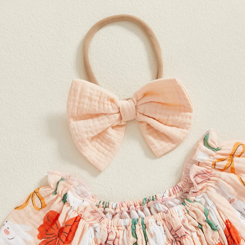 Adorable Toddler Easter Bunny Print Romper Dress Set with Matching Headband and Bow - Short Puff Sleeve Baby Girl Outfit