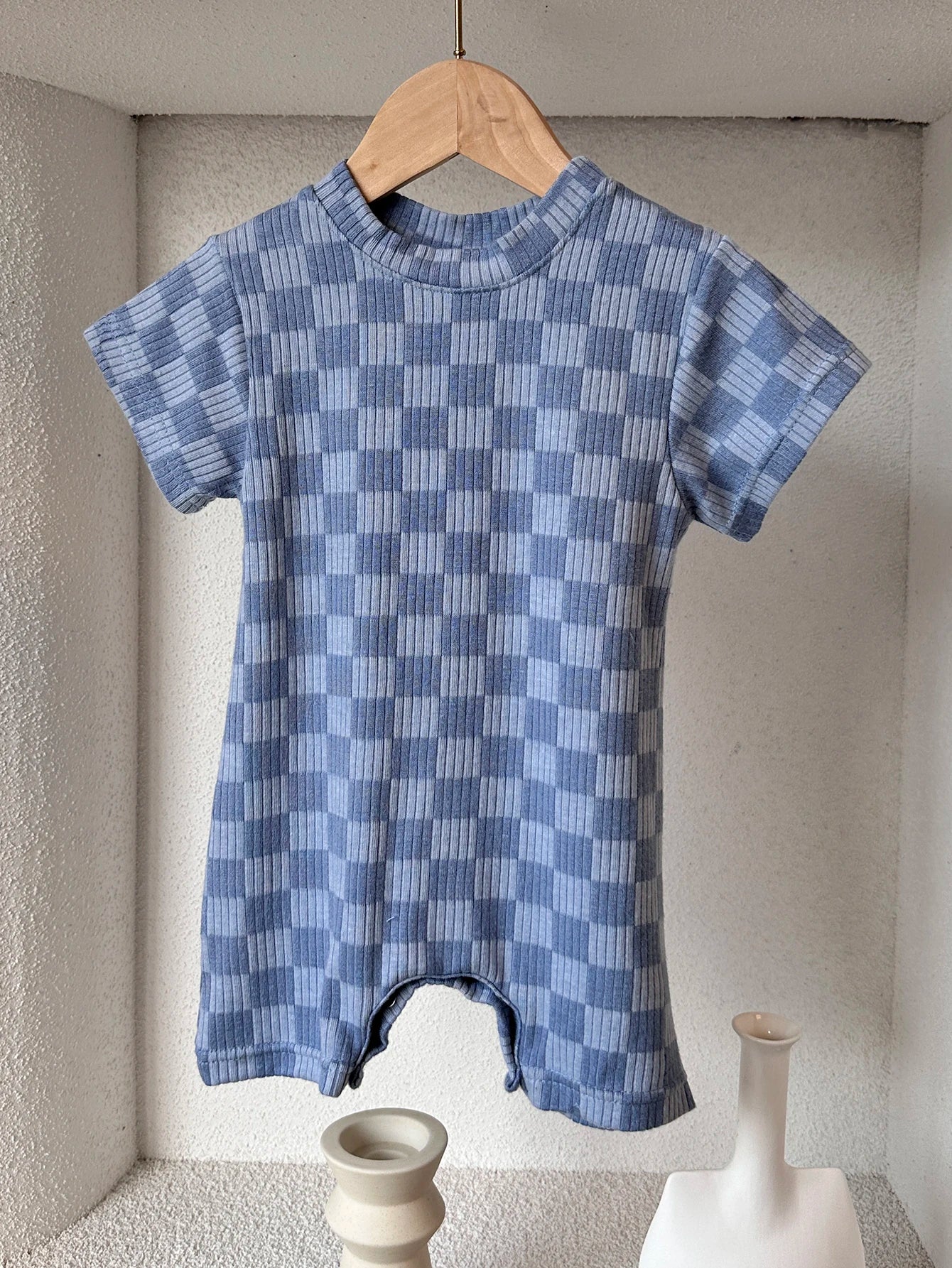 Retro summer toddler bodysuit short sleeved plaid jumpsuit neutral baby romper clothes