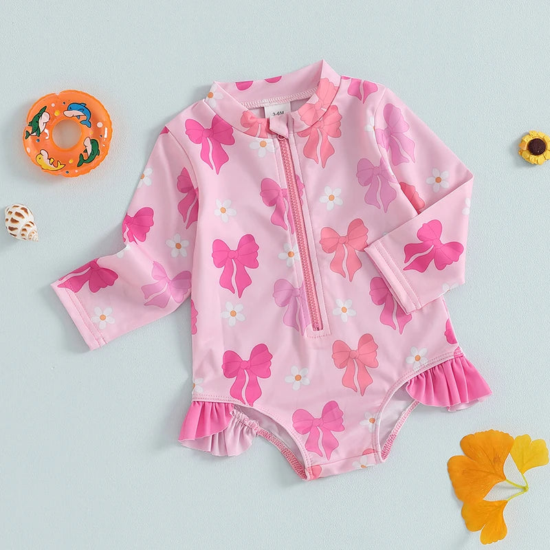 Adorable Baby Girl Floral Print Swimsuit Long Sleeve Zipper Rash Guard Bathing Suit with Ruffle Detail  Swimwear
