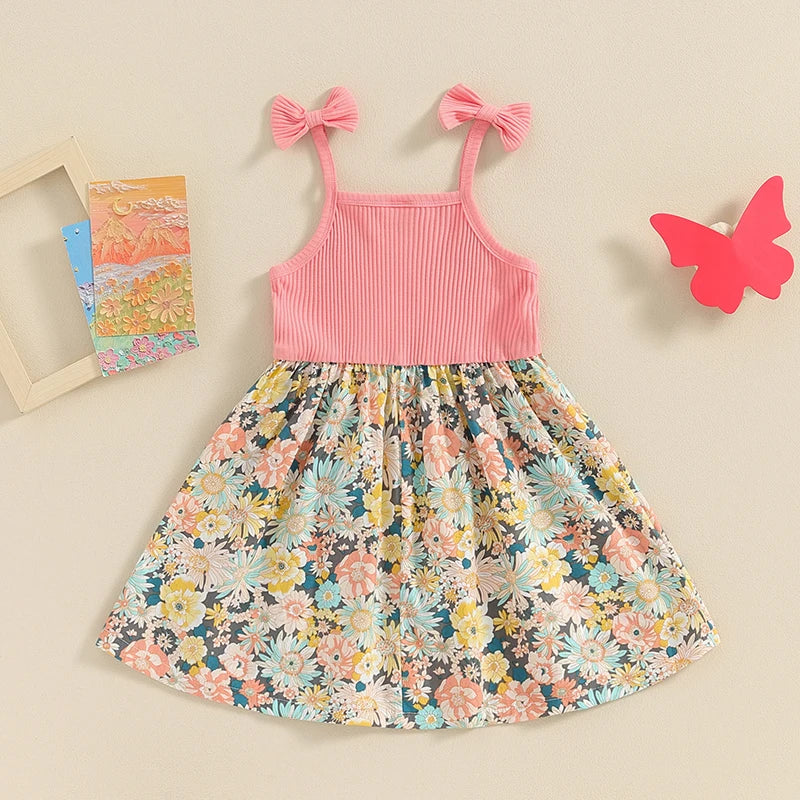 Toddler Girl Sleeveless Floral Print Dress with Bow Detail and A-Line Silhouette Perfect for Casual Summer Outfits