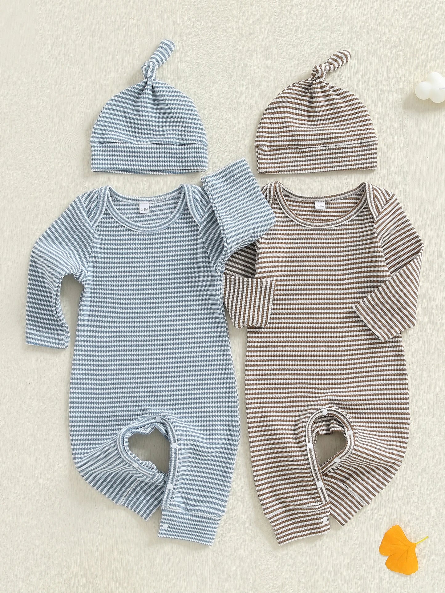 Infant Boy Autumn Striped  with Matching Beanie Set Long Sleeve Round Neck Overall Outfit for Fall