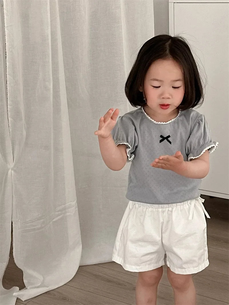 Summer Korean Style Children's Ruffle Hollow Base T-shirt Girls Cotton Sweet Short Sleeve Top Korean Version Kids Clothing