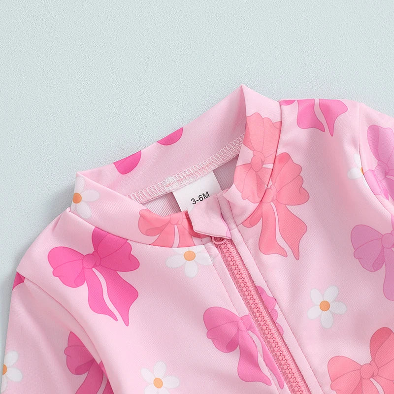 Adorable Baby Girl Floral Print Swimsuit Long Sleeve Zipper Rash Guard Bathing Suit with Ruffle Detail  Swimwear