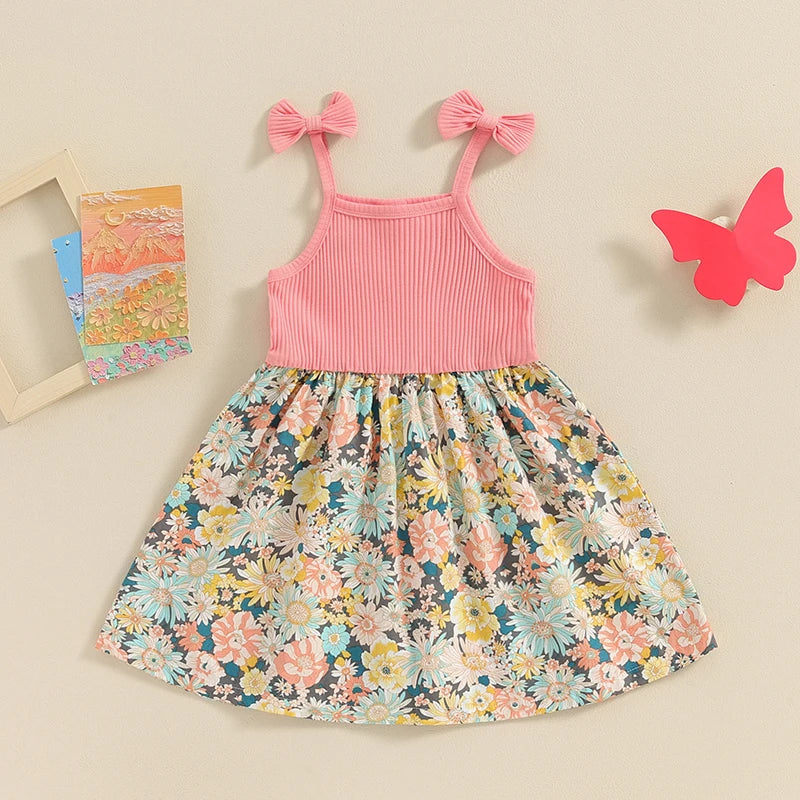 Toddler Girl Sleeveless Floral Print Dress with Bow Detail and A-Line Silhouette Perfect for Casual Summer Outfits
