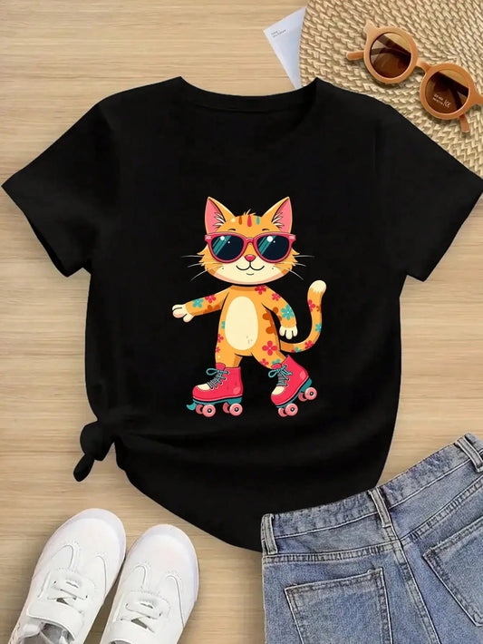 Boys/Girls Summer Cat Theme Cotton Graphic Tees, Black Casual Summer Tops With Roller Skating Cat