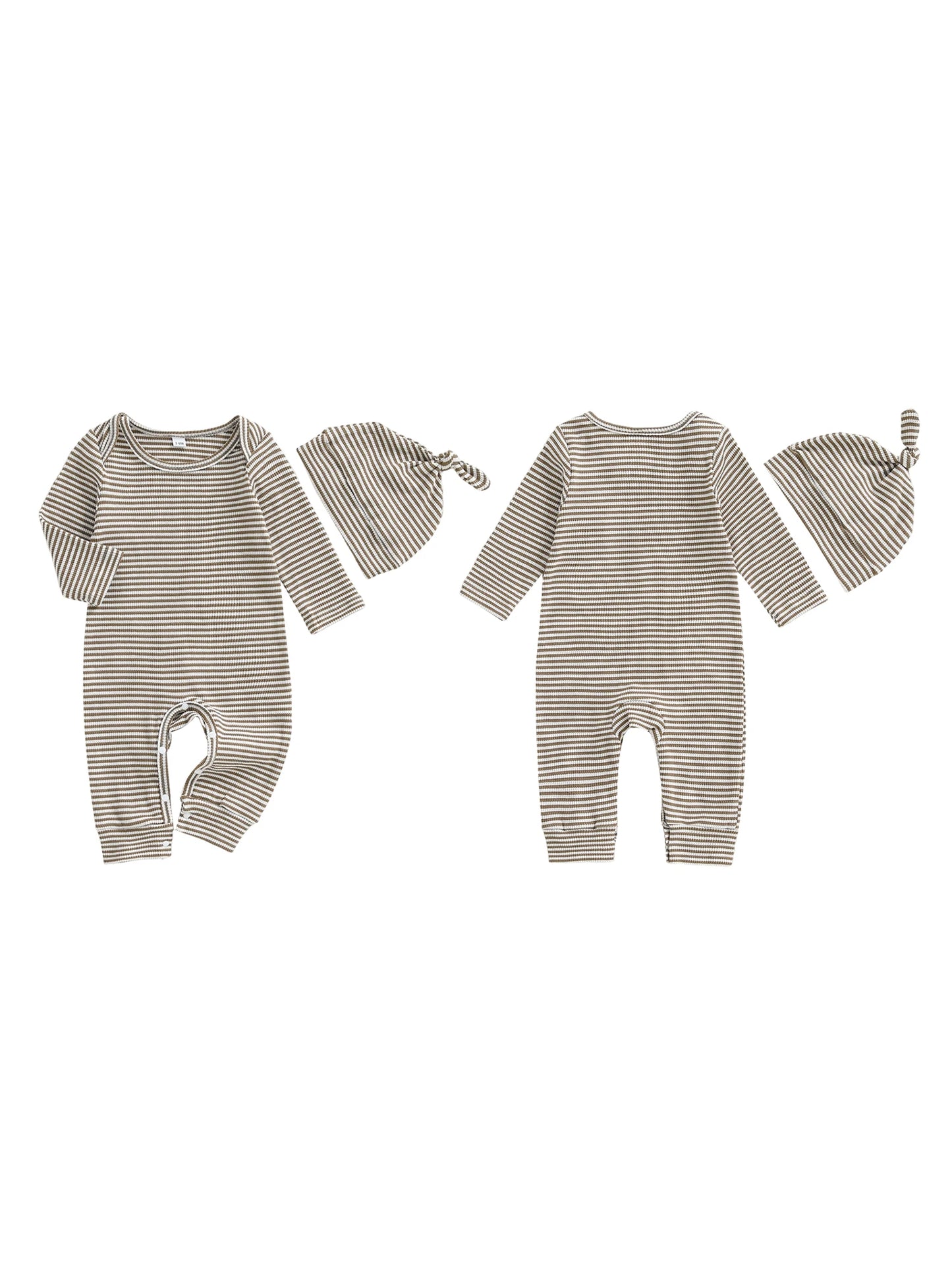 Infant Boy Autumn Striped  with Matching Beanie Set Long Sleeve Round Neck Overall Outfit for Fall