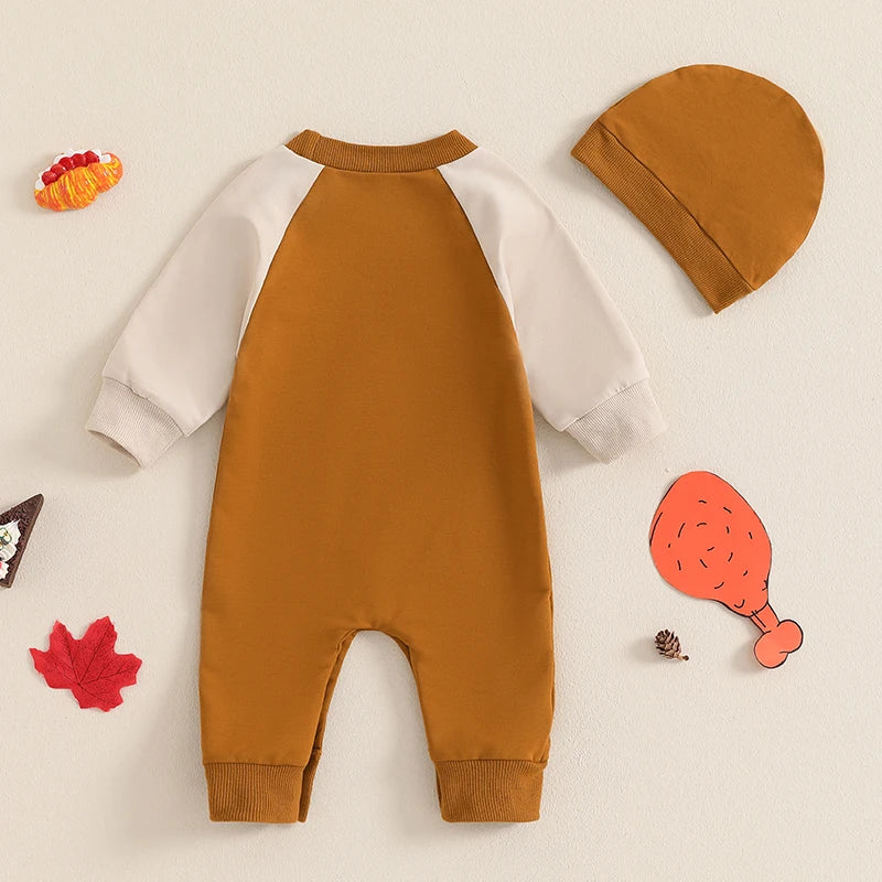 Thanksgiving Baby Boy Girl Outfit Adorable Turkey Print Round Neck Long Sleeve Romper Hat Set for Fall Celebration