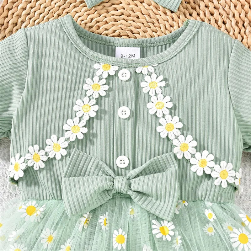 Infant Girls Floral Romper Set with Matching Headband Short Sleeve Mesh Skirt Jumpsuit Summer Outfit for Baby Girl