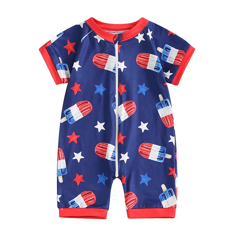 Independence Day Infant Boys Romper American Flag Print Short Sleeve Bodysuit Front Zipper Patriotic Jumpsuit Summer Outfit