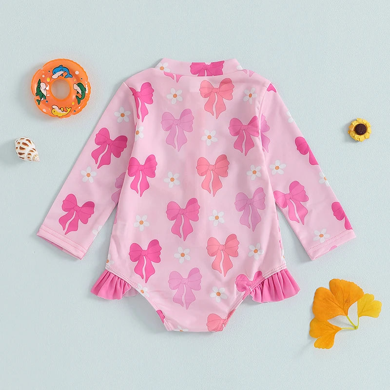 Adorable Baby Girl Floral Print Swimsuit Long Sleeve Zipper Rash Guard Bathing Suit with Ruffle Detail  Swimwear