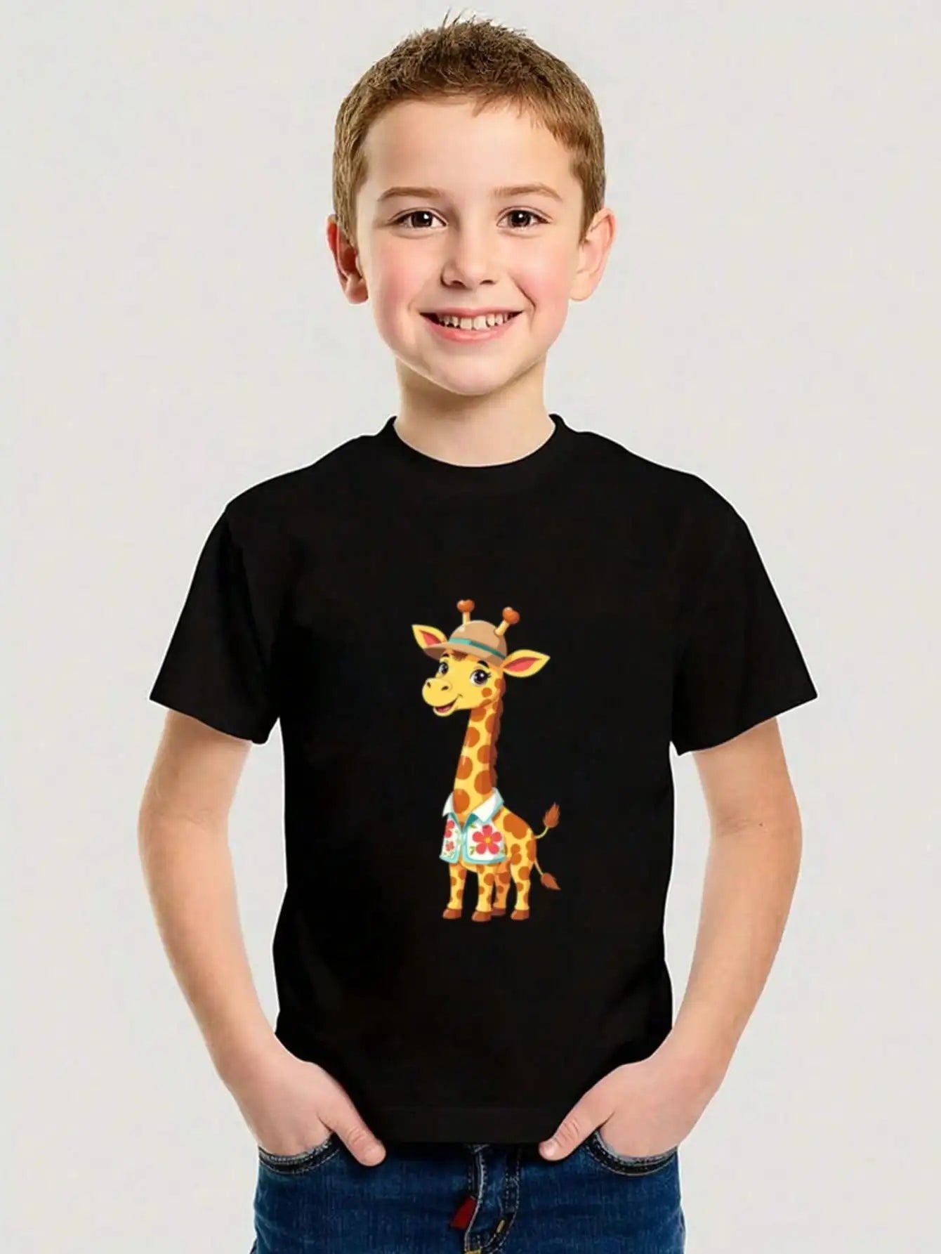 Boys/Girls Summer Giraffe Themed Cotton Graphic Tees, Black Casual Summer Tops With Adorable Giraffe