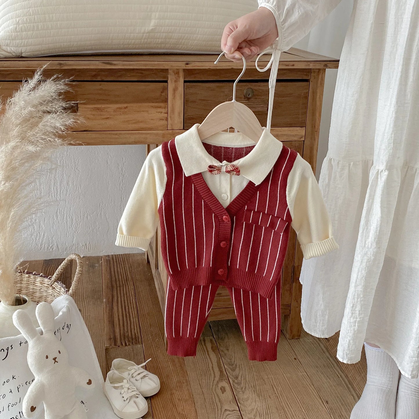 2025 Baby Clothes Toddler Baby Boy Knit Striped 3Pcs Sets 0-2Y Bow Tie Shirt and Pants Gentleman Casual Formal Infant Outfit