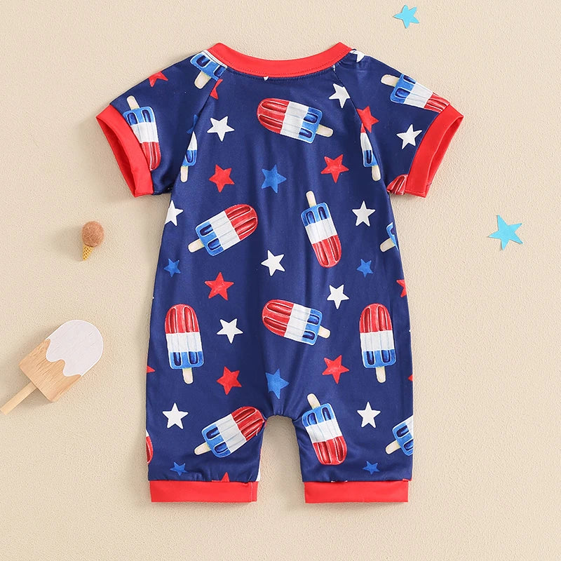 Independence Day Infant Boys Romper American Flag Print Short Sleeve Bodysuit Front Zipper Patriotic Jumpsuit Summer Outfit