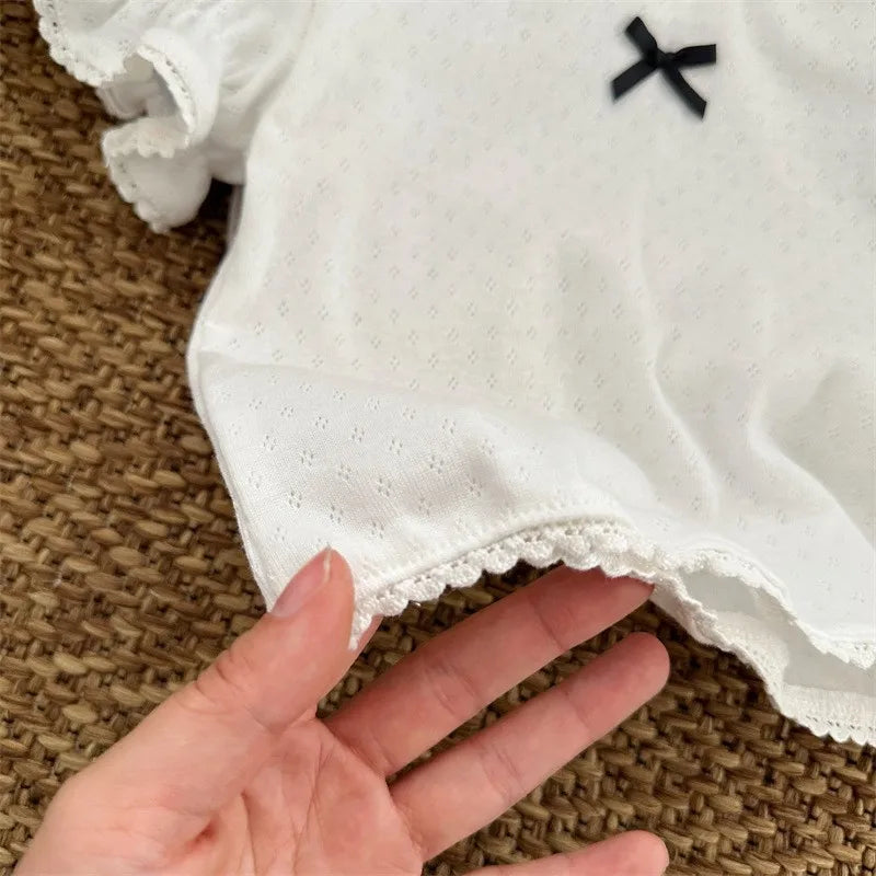 Summer Korean Style Children's Ruffle Hollow Base T-shirt Girls Cotton Sweet Short Sleeve Top Korean Version Kids Clothing