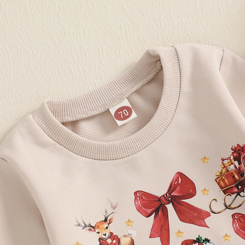 Cute Toddler Christmas Sweater with Reindeer Print and Pom Pom Detail Long Sleeve Round Neck Pullover Cozy Winter Tops for Girls