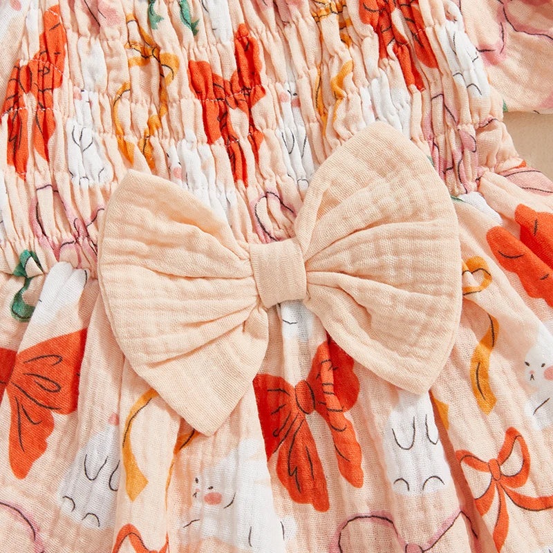 Adorable Toddler Easter Bunny Print Romper Dress Set with Matching Headband and Bow - Short Puff Sleeve Baby Girl Outfit