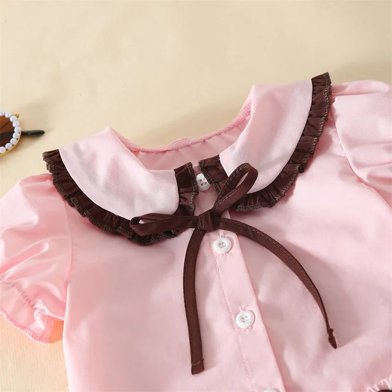 Girls Summer Pajama Set with Cute Doll Collar Short Sleeve Button Down Top and Ruffled Shorts Sleepwear in Vibrant Colors