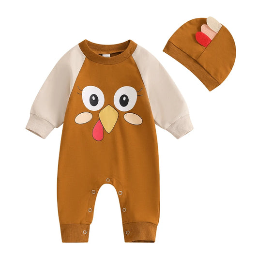 Thanksgiving Baby Boy Girl Outfit Adorable Turkey Print Round Neck Long Sleeve Romper Hat Set for Fall Celebration
