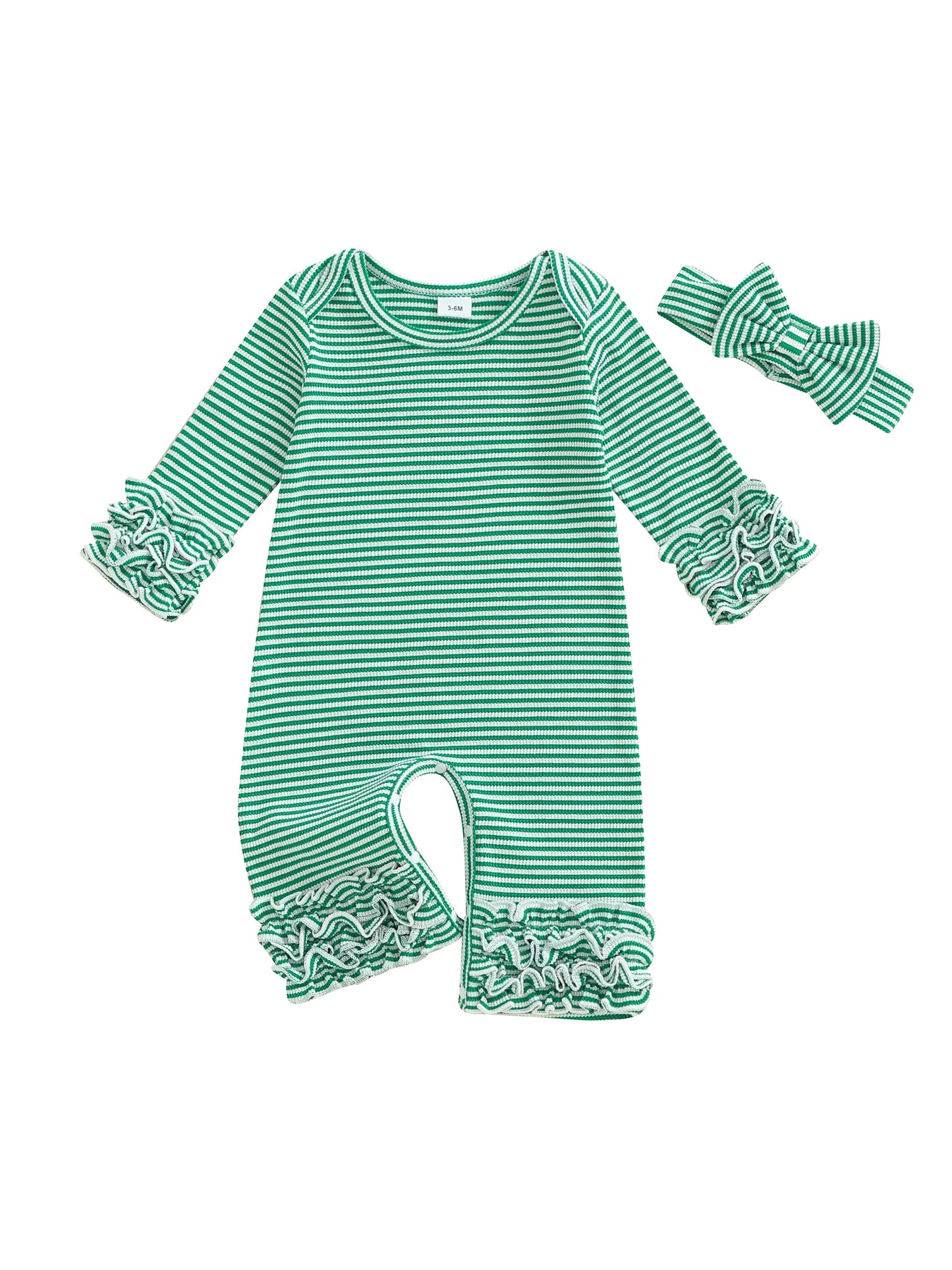 Adorable Baby Girls 2 Piece Set Stylish Long Sleeve Striped Romper with Matching Bow Headband for a Complete Look