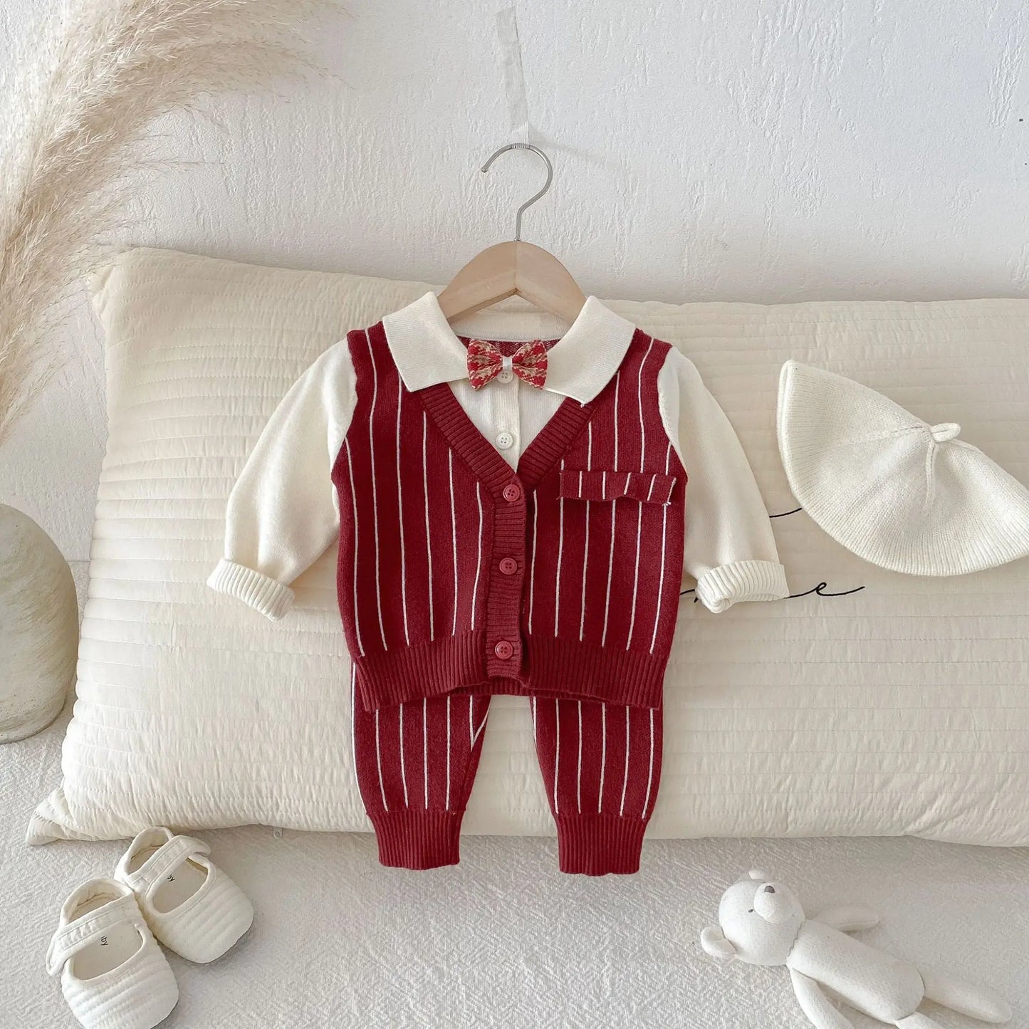 2025 Baby Clothes Toddler Baby Boy Knit Striped 3Pcs Sets 0-2Y Bow Tie Shirt and Pants Gentleman Casual Formal Infant Outfit