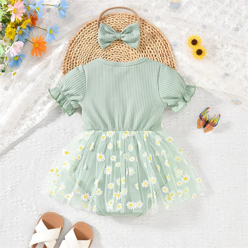 Infant Girls Floral Romper Set with Matching Headband Short Sleeve Mesh Skirt Jumpsuit Summer Outfit for Baby Girl