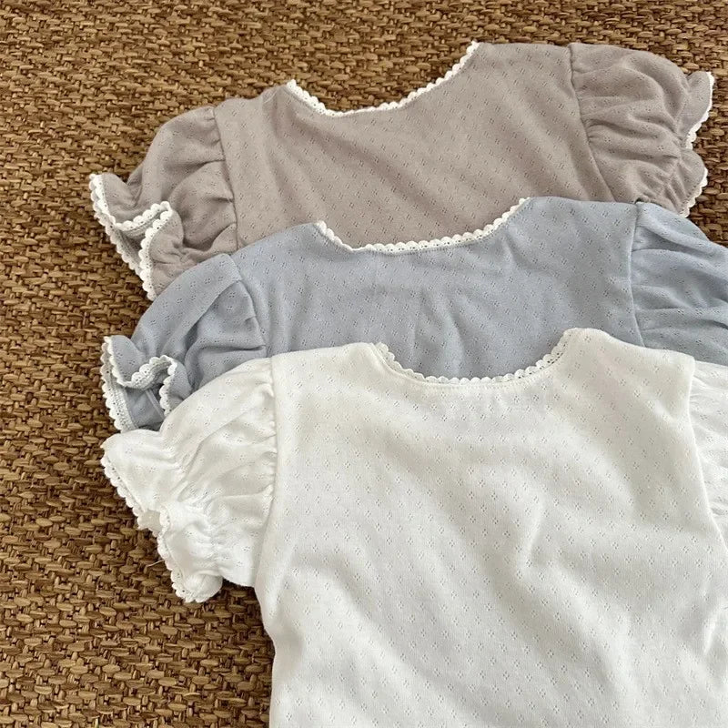 Summer Korean Style Children's Ruffle Hollow Base T-shirt Girls Cotton Sweet Short Sleeve Top Korean Version Kids Clothing