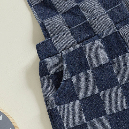 Infant Plaid Print Sleeveless Square Neck Overalls Suspender Shorts Romper for Baby Boys and Girls Toddler