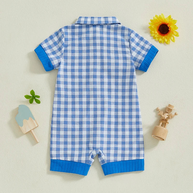 Adorable Infant Plaid Romper with Short Sleeves Lapel Collar and Button Front Closure - Perfect for Baby Boys and Girls this
