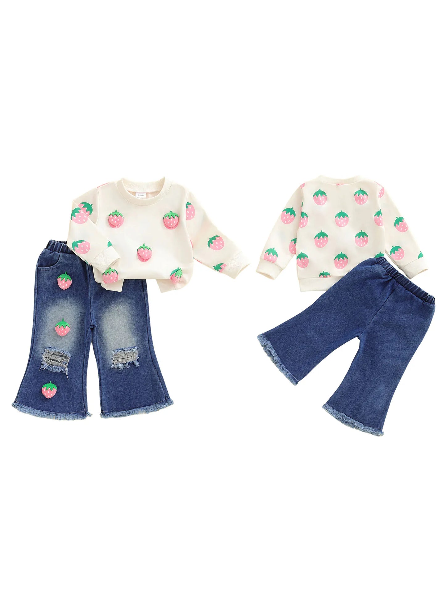 Cute Baby Girl Autumn Clothes 3D Watermelon Print Sweater Distressed Jeans Outfit Set for Toddler Girls