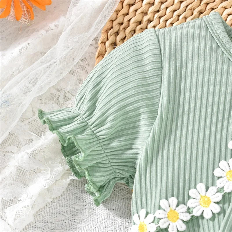 Infant Girls Floral Romper Set with Matching Headband Short Sleeve Mesh Skirt Jumpsuit Summer Outfit for Baby Girl