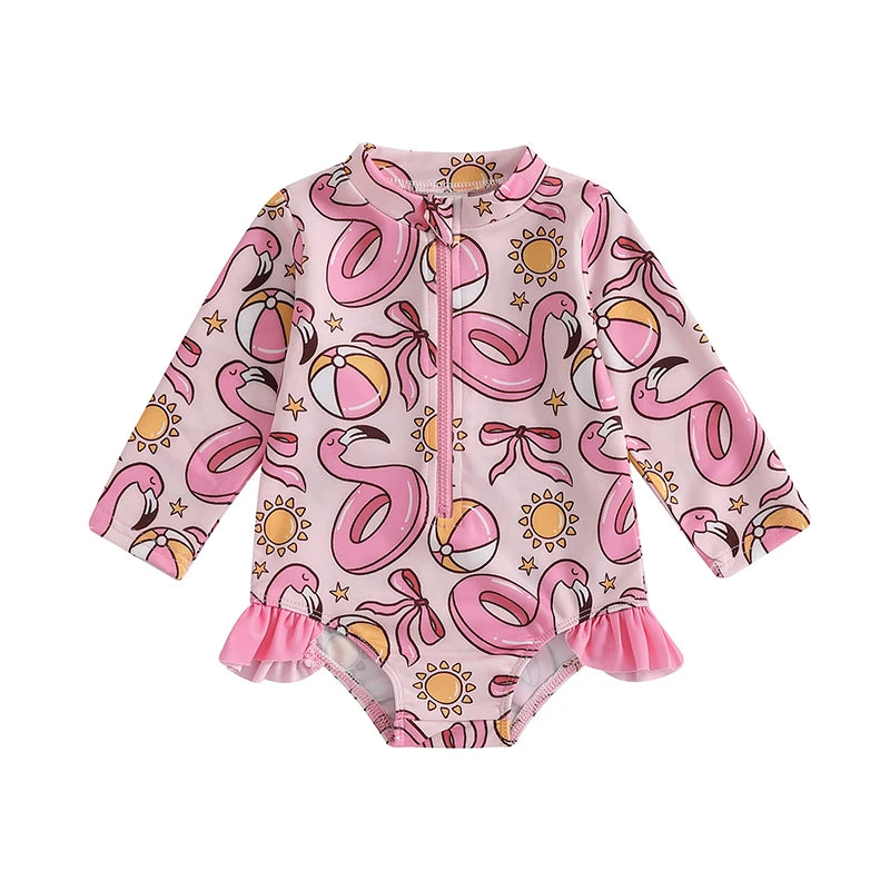 Adorable Baby Girl Floral Print Swimsuit Long Sleeve Zipper Rash Guard Bathing Suit with Ruffle Detail  Swimwear