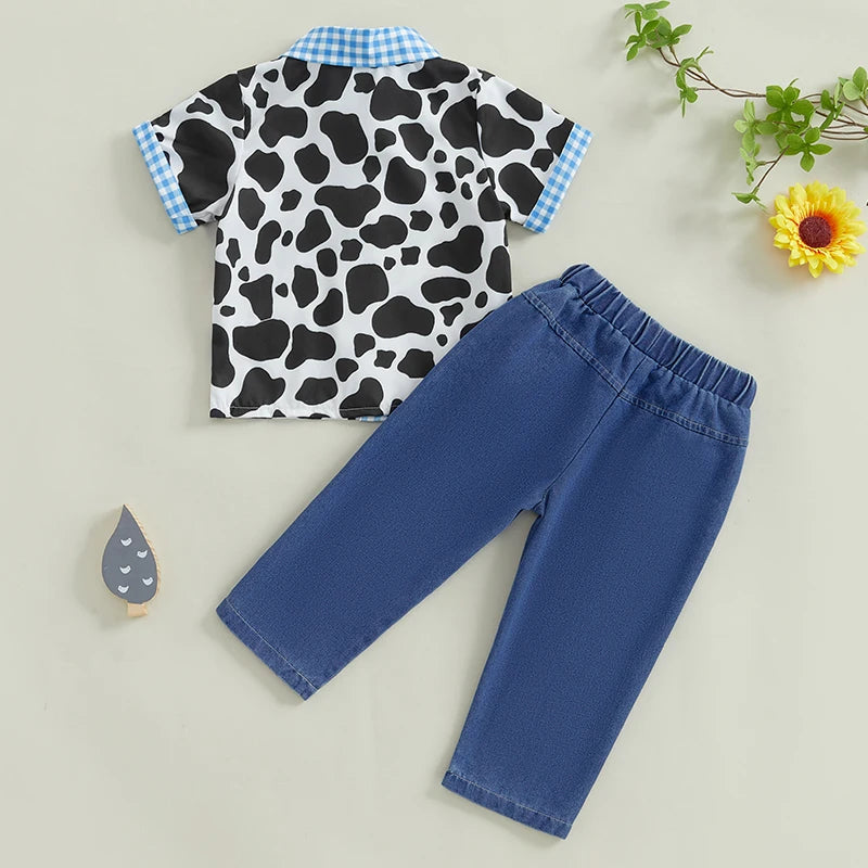 Toddler Boys Casual Outfit Dinosaur Print Short Sleeve T-Shirt and Denim Shorts Set Summer Clothes for Kids