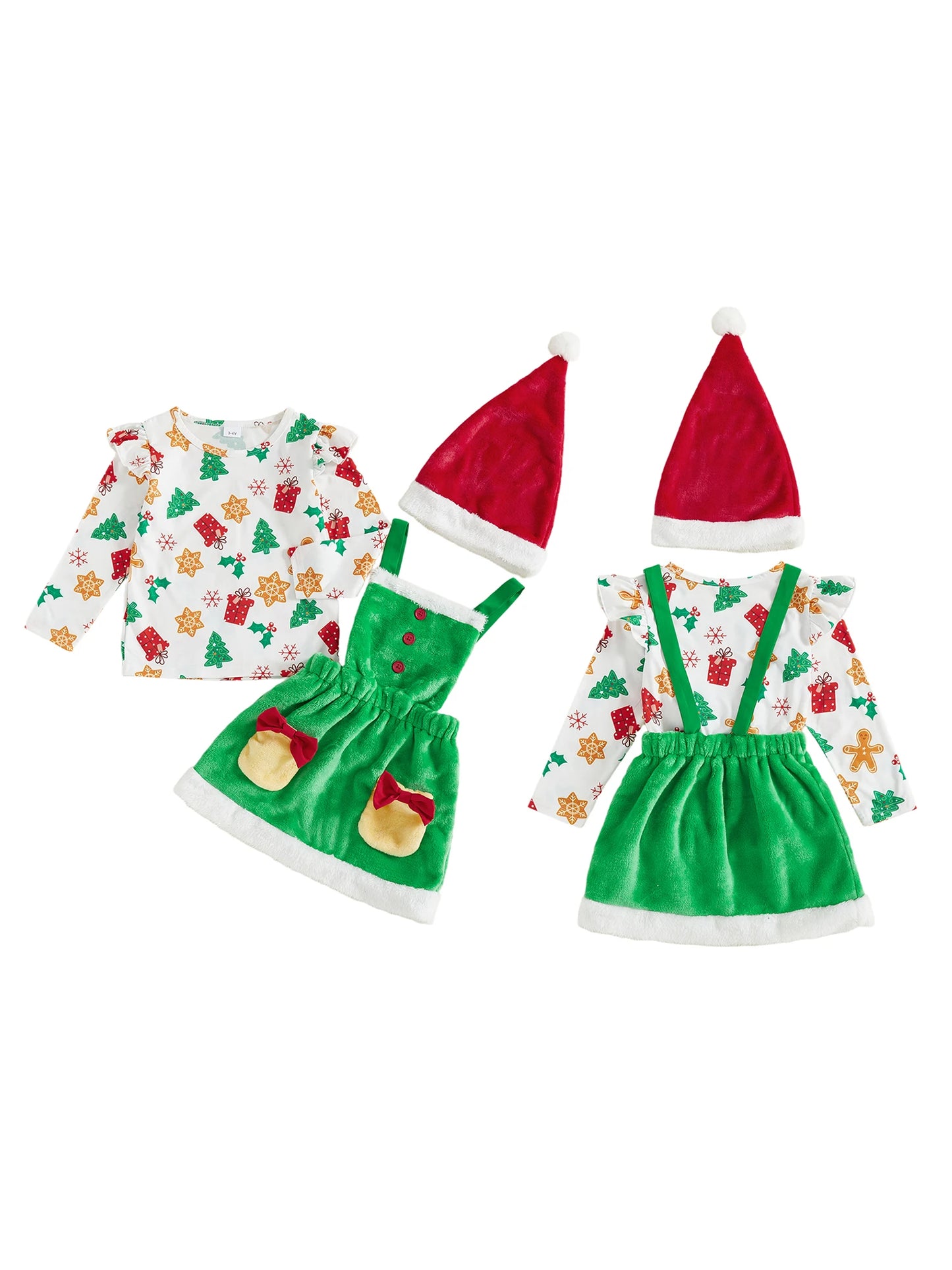 Girls Christmas Outfit Festive Long Sleeve Reindeer Print Top with Cozy Faux Fur Trimmed Skirt Set for Winter Holiday